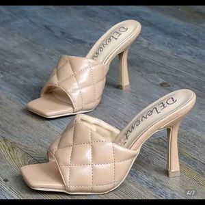 Square Toe Quilted Mules Heels Beige.